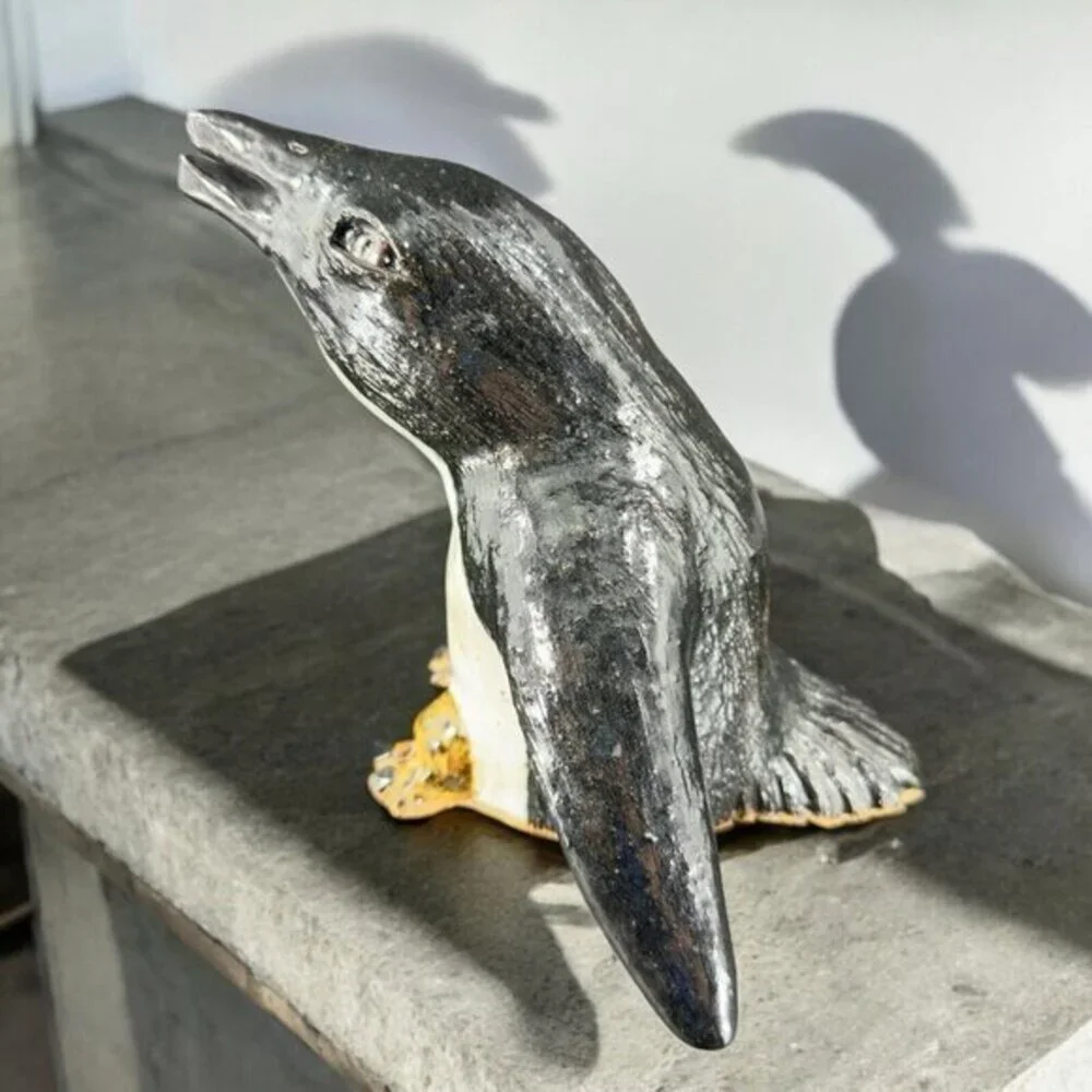 Large Hand Made Pottery Penguin Bird Figurine Stoneware Figure Paperweight VTG